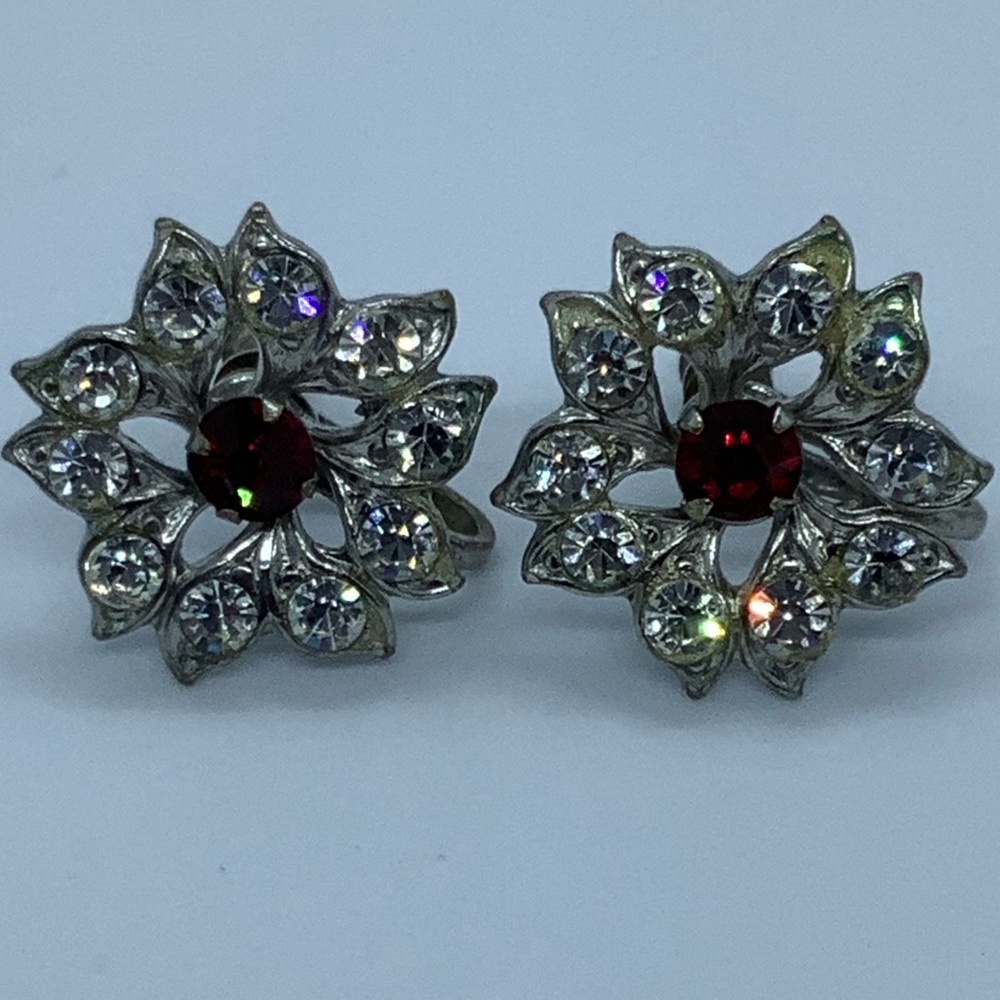 Cluster Red and Clear Screw Back Non-Pierced Earrings